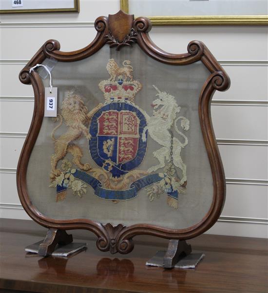 A Victorian mahogany polescreen banner, worked with The Royal Coat of Arms W.52cm